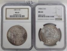 (2) Morgan Dollars: 1885-O NGC MS63, 1904 NGC MS63.