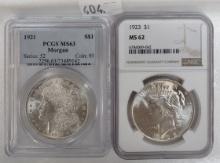 1921 Morgan Dollar PCGS MS63. 1923 Peace Dollar NGC MS62.