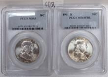 (2) Franklin Half Dollars: 1958 PCGS MS65. 1961-D PCGS MS64FBL.