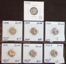 (7) Mercury Dimes: 1930, 1938, 1940, (2) 1941, 1942, 1945-D. (.900 Silver)