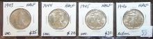 (4) Walking Liberty Half Dollars: 1943, 1944, 1945, 1946. (.900 Silver)