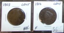 1803 Draped Bust Cent. 1816 Liberty Head/Matron Head Cent.