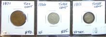 1871 Two Cent, 1855 Three Cent, 1866 Three Cent.