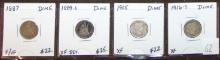 1887, 1889-S Seated Liberty Dimes. 1905, 1916-S Barber Dimes.