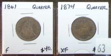 1861 , 1874 Seated Liberty Quarters.
