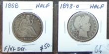 1858 Seated Liberty Half Dollar. 1893-O Barber Half Dollar.