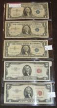 Currency Variety: $2 Red Seal, $1 Silver Certificates.