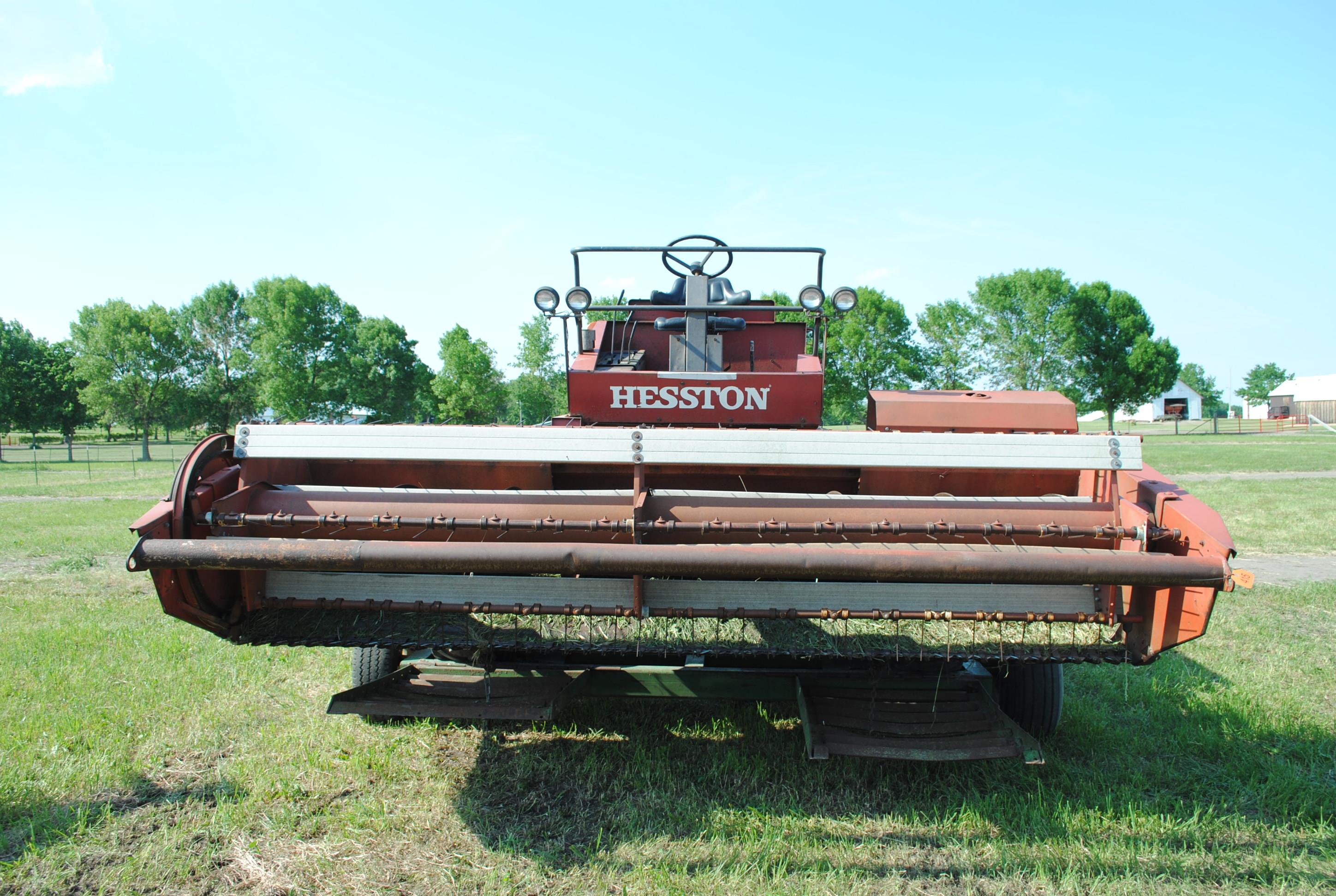 Hesston 6450 12' Swather, Chrysler gas engine, crimper, shows 5,504 hours, sells with home built swa