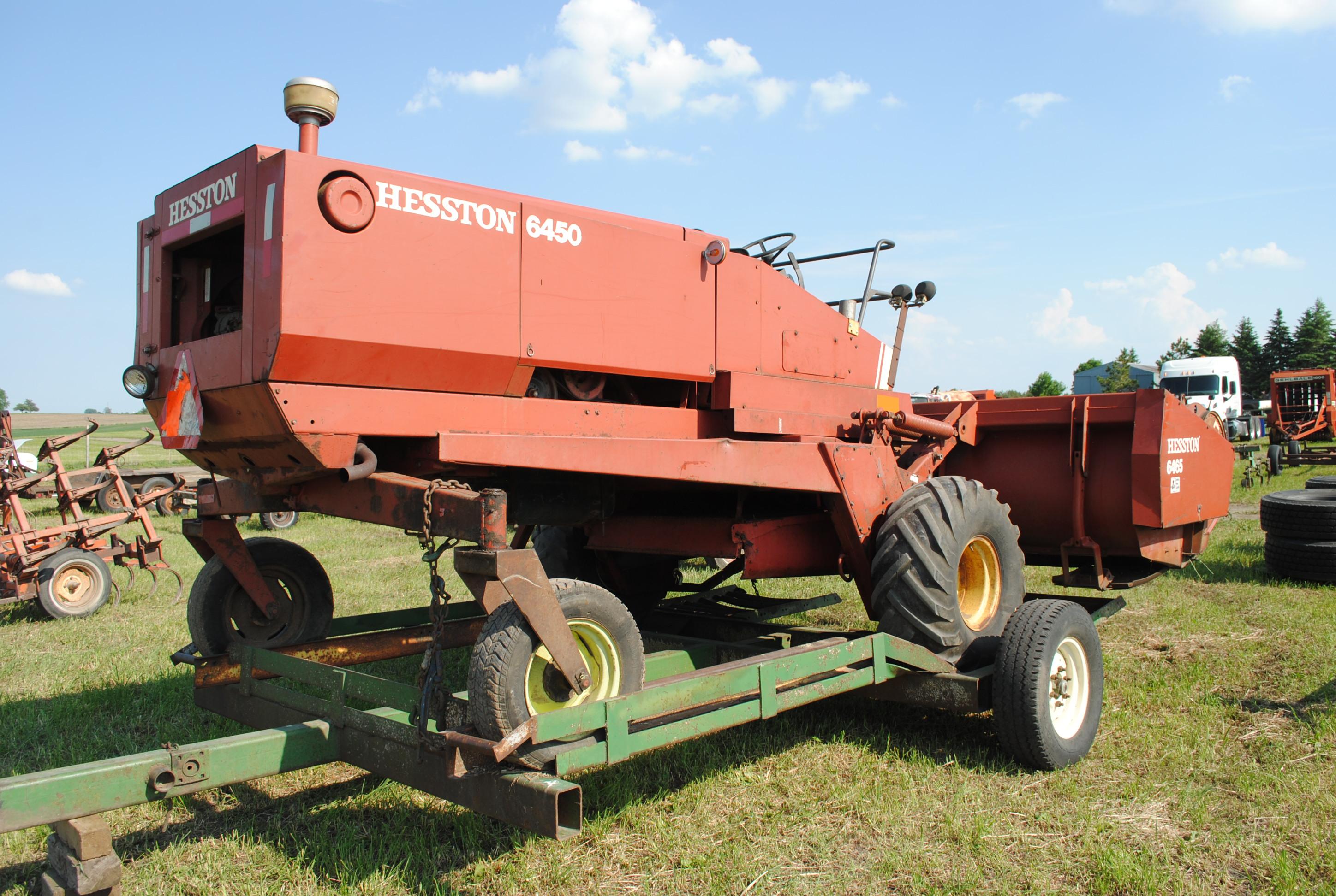 Hesston 6450 12' Swather, Chrysler gas engine, crimper, shows 5,504 hours, sells with home built swa