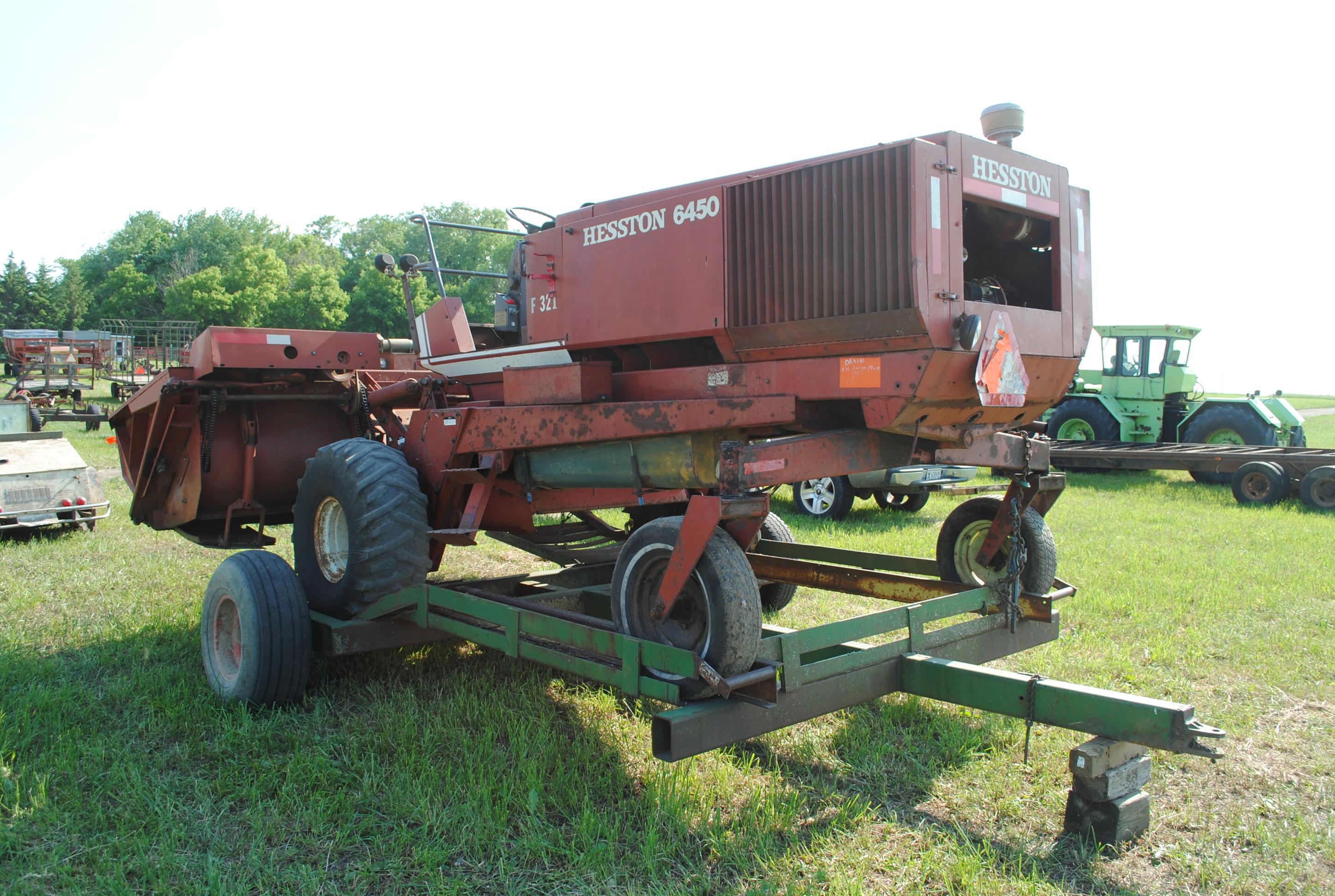 Hesston 6450 12' Swather, Chrysler gas engine, crimper, shows 5,504 hours, sells with home built swa