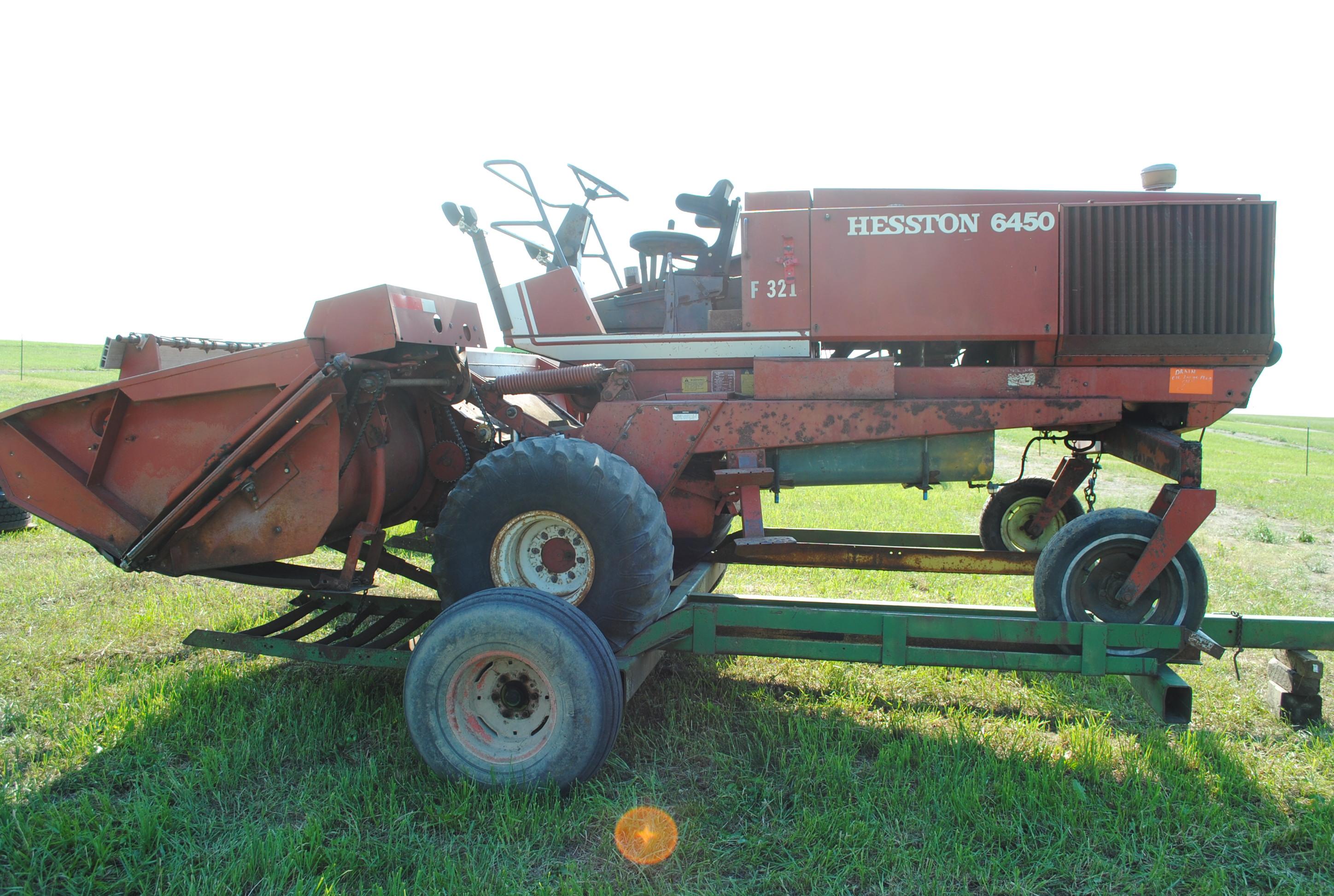 Hesston 6450 12' Swather, Chrysler gas engine, crimper, shows 5,504 hours, sells with home built swa