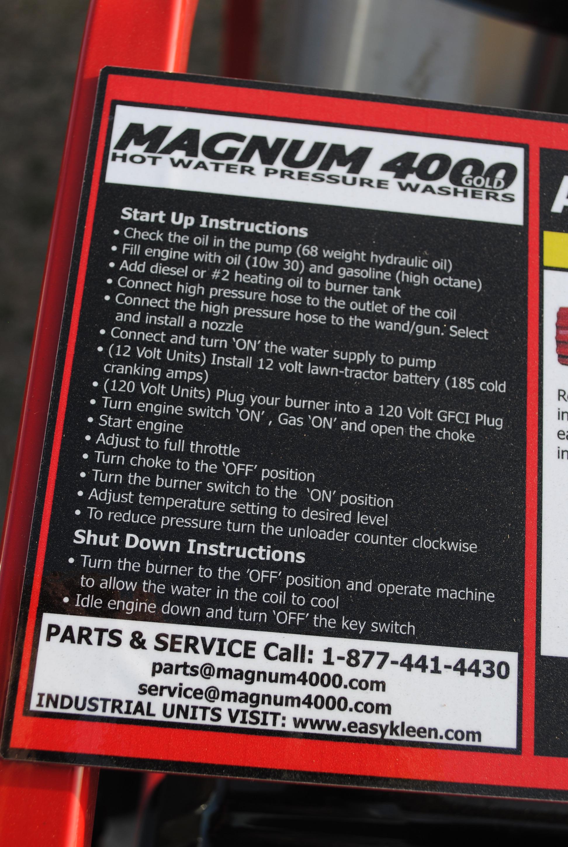 Magnum 4000 Pressure Washer hot water, wand and nozzles included, new - never had oil in it - read t