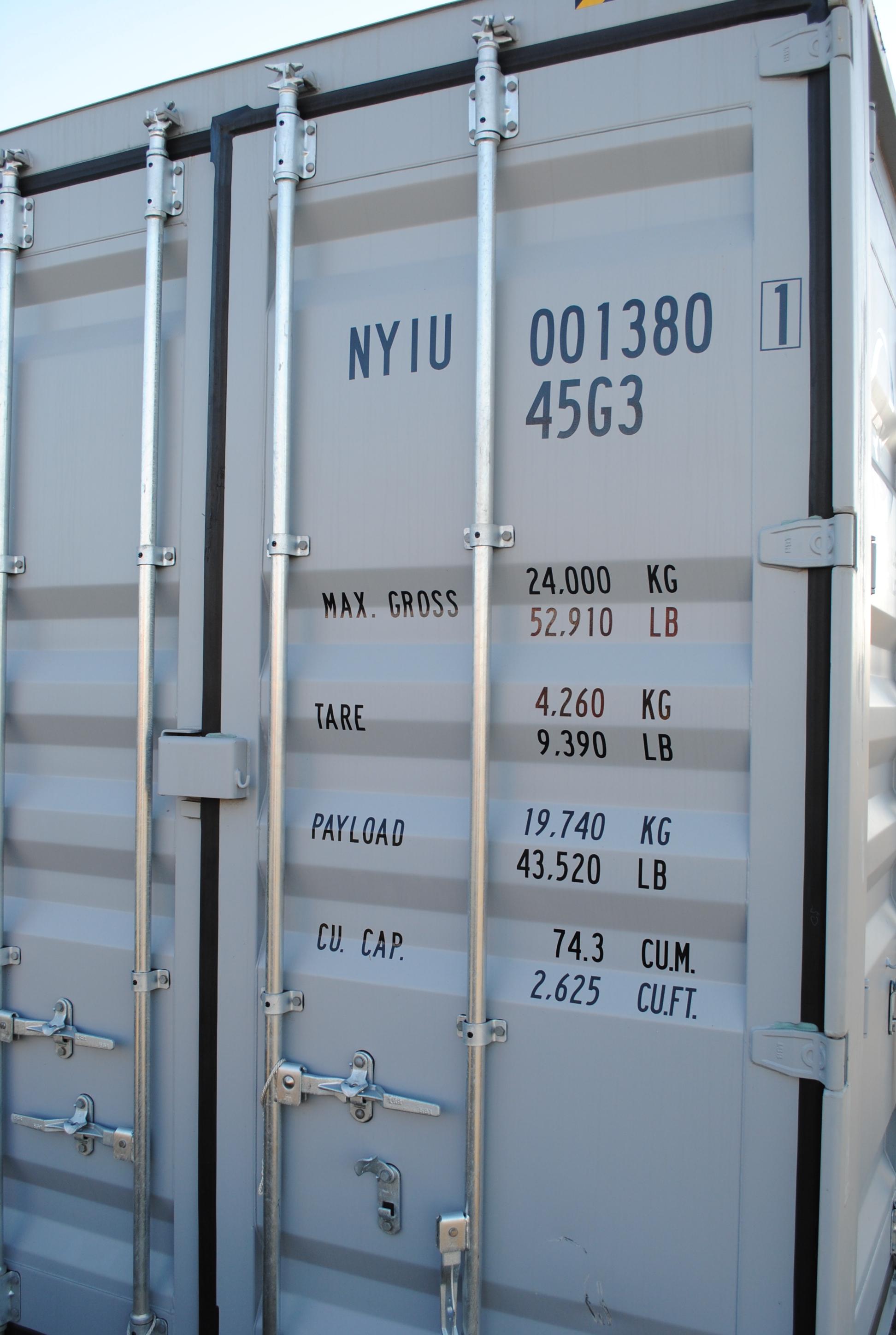 40' High Cube Container with four double doors on the side, double door on the back, lock box pocket