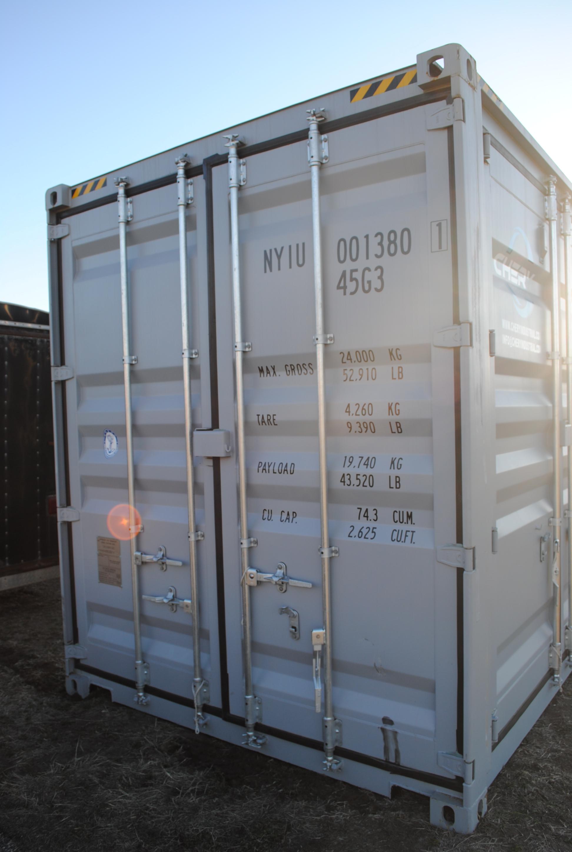 40' High Cube Container with four double doors on the side, double door on the back, lock box pocket