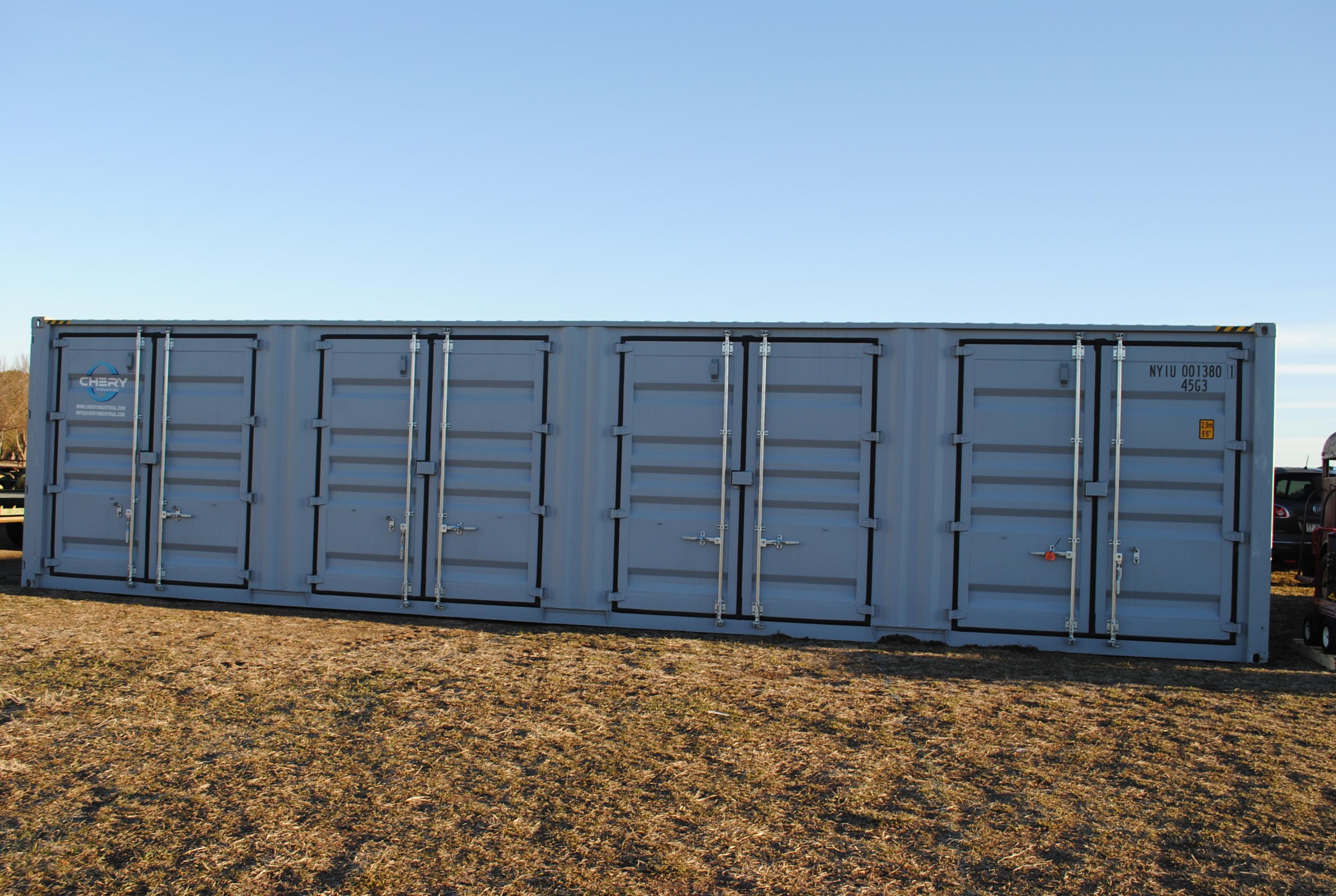 40' High Cube Container with four double doors on the side, double door on the back, lock box pocket