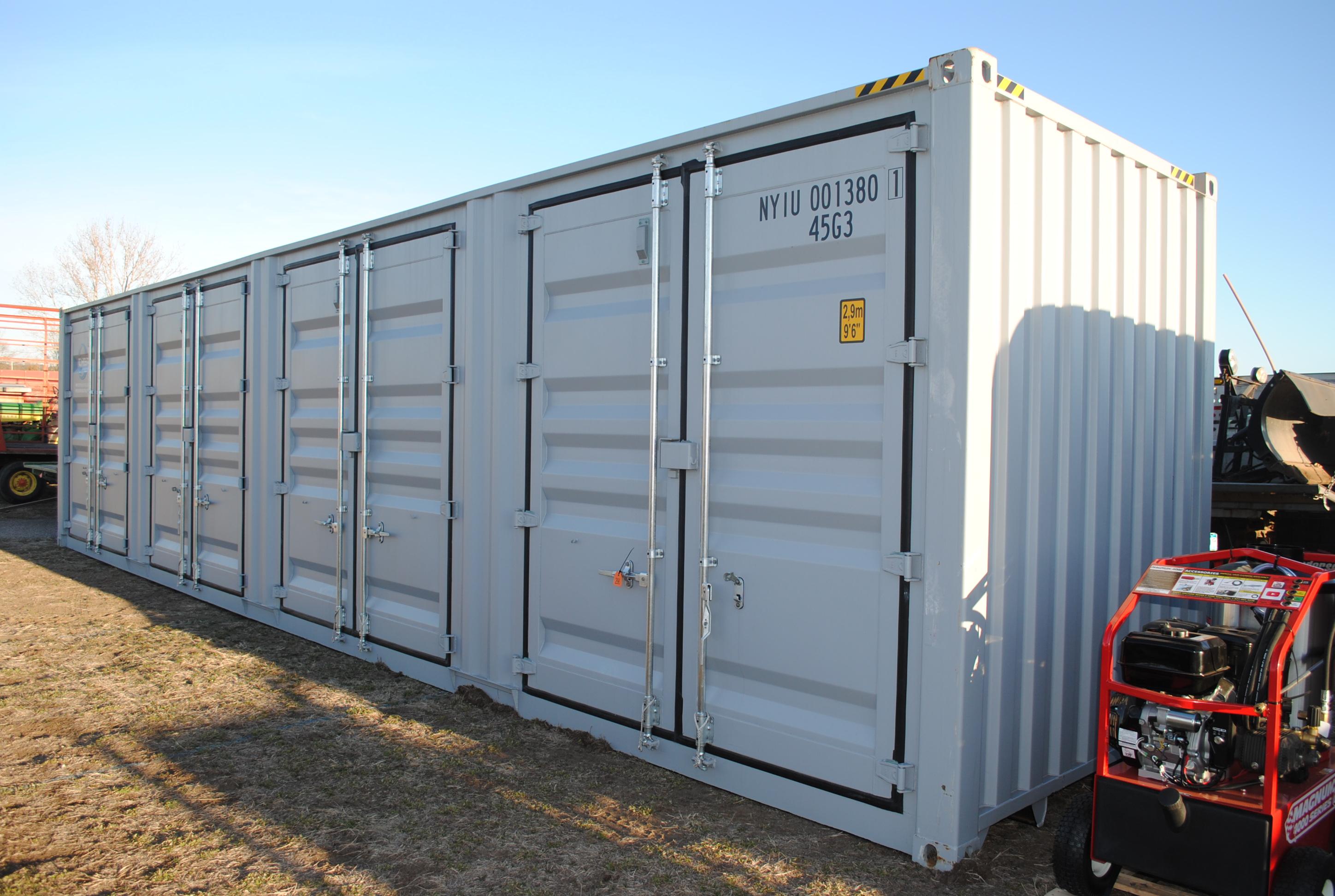 40' High Cube Container with four double doors on the side, double door on the back, lock box pocket