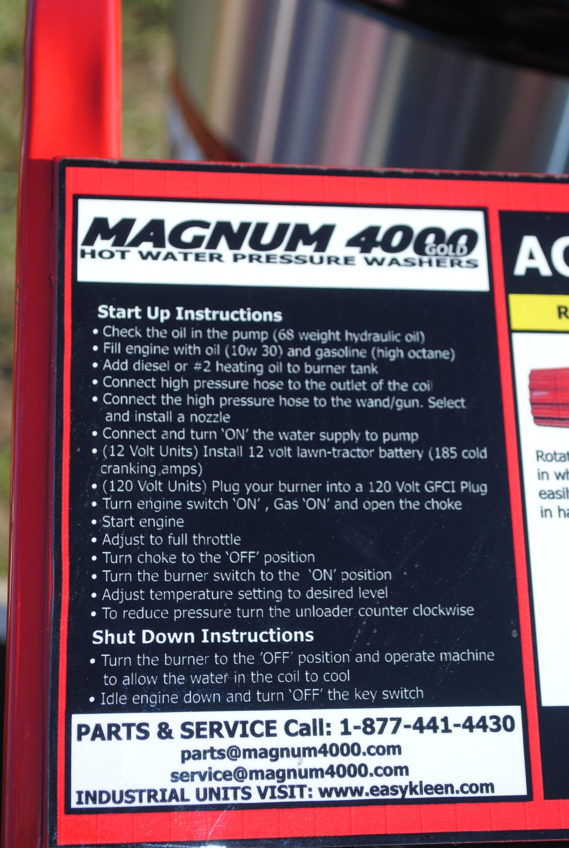 Magnum 4000 Pressure Washer hot water, wand and nozzles included, new - never had oil in it - read t