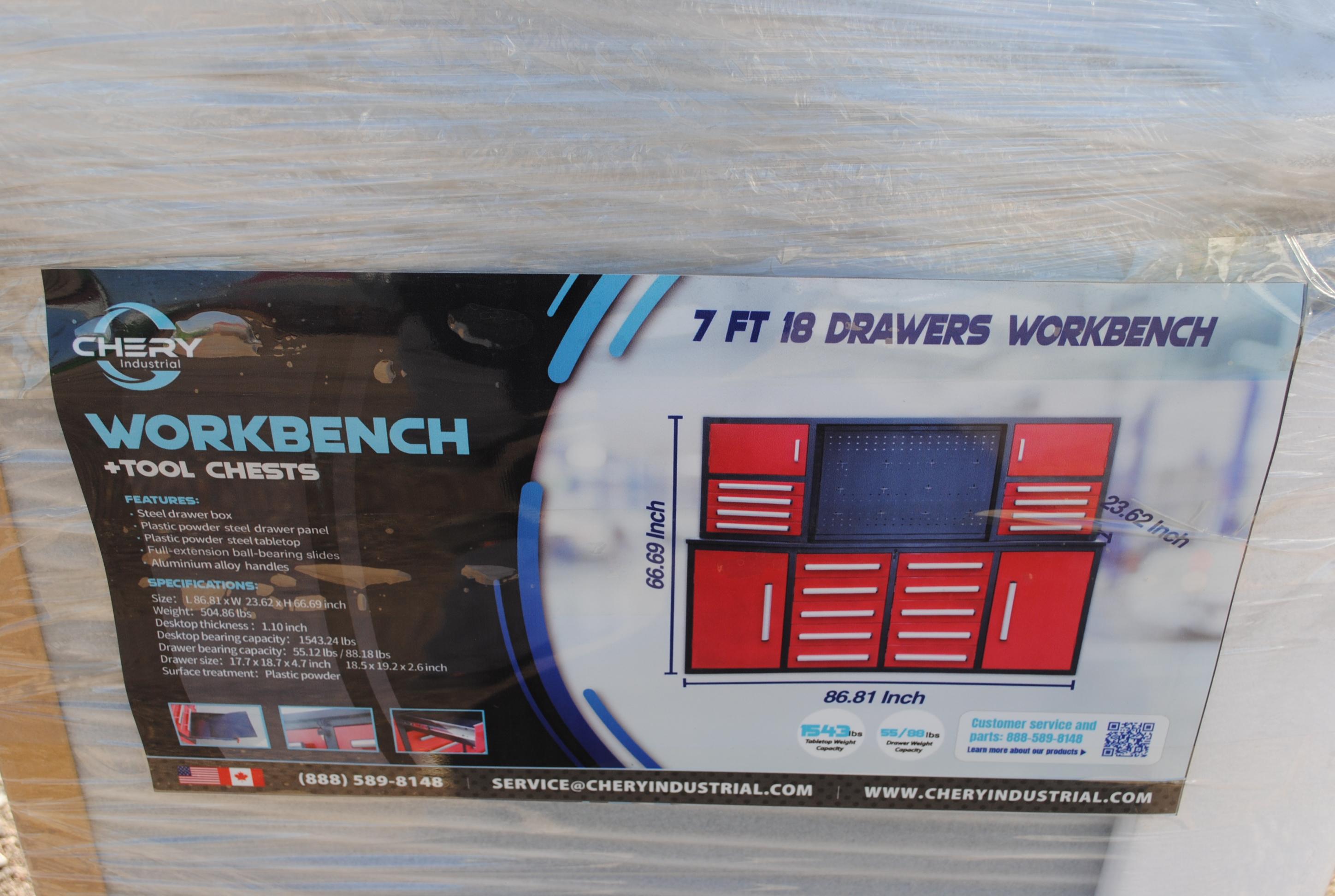 Unused 2025 7FT Work Bench with 18-drawers, 86"x23"x39", drawers with lock and anti-slip inners, usi