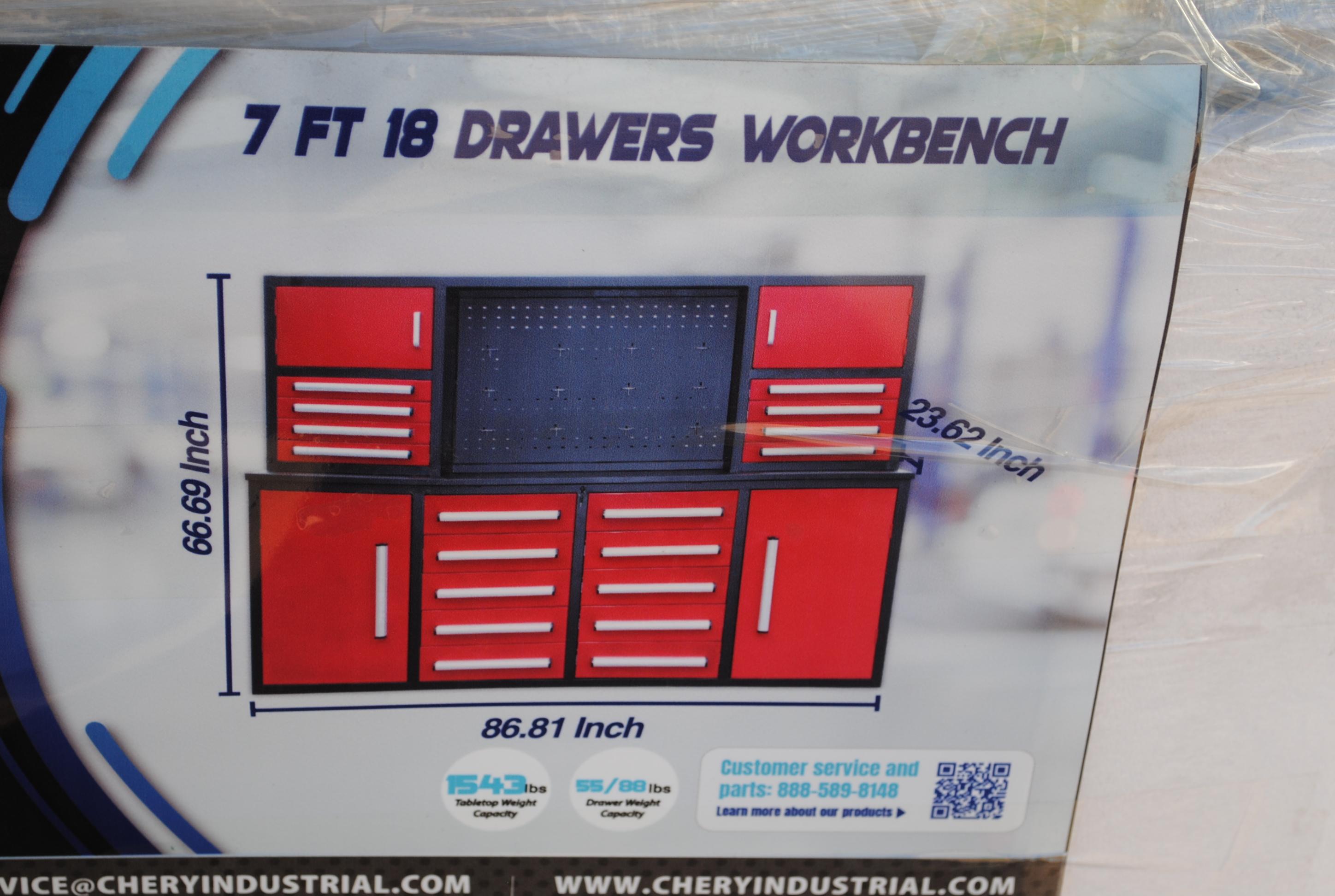 Unused 2025 7FT Work Bench with 18-drawers, 86"x23"x39", drawers with lock and anti-slip inners, usi