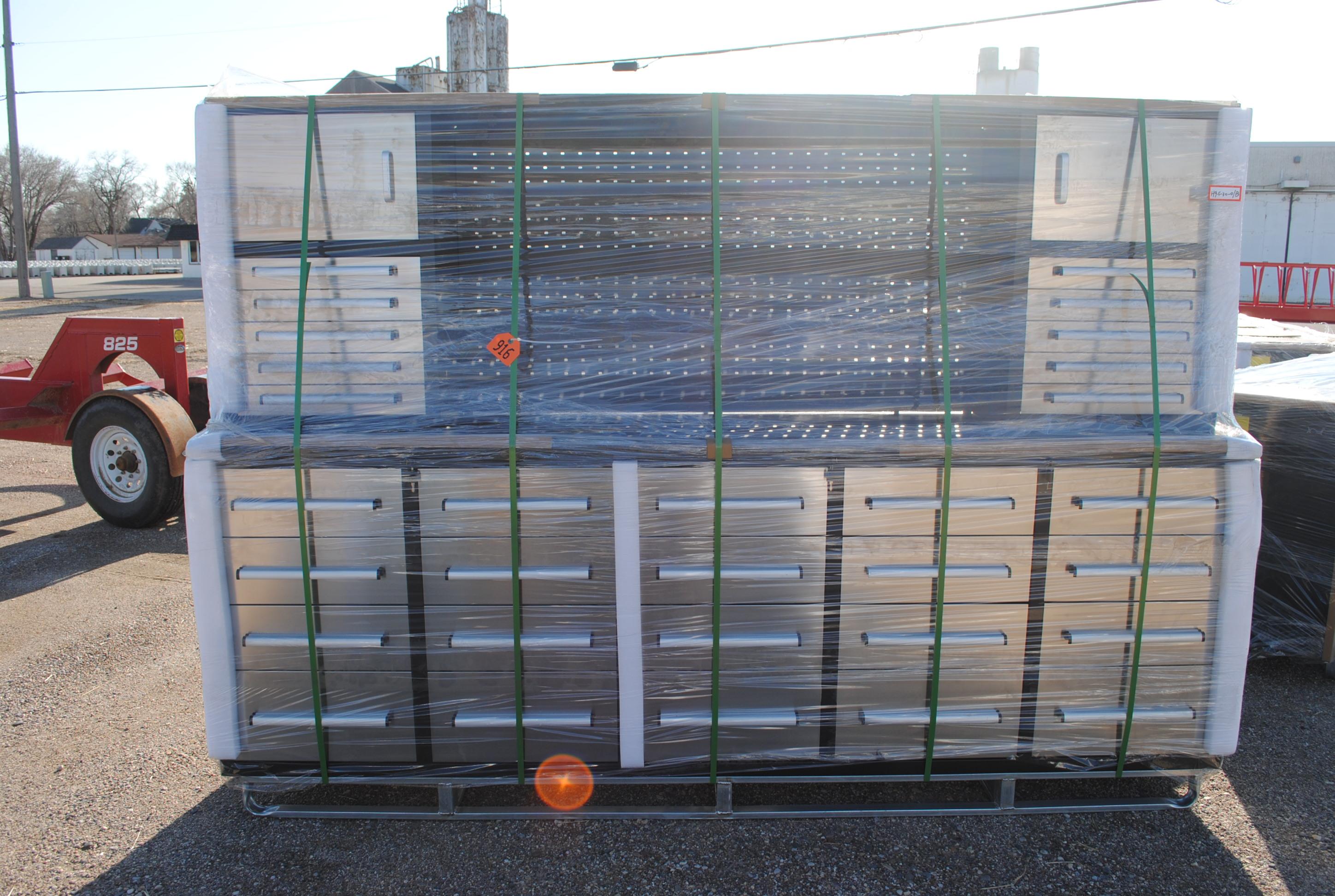 Unused 2025 H9.5 FT Work Bench with 30-drawers, drawers with lock and anti-slip inners, using new 3-
