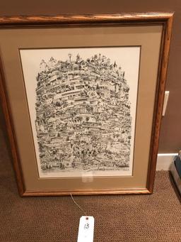 Matted framed picture of stacked Sioux Center businesses. 24.5'' wide x 30'' tall.