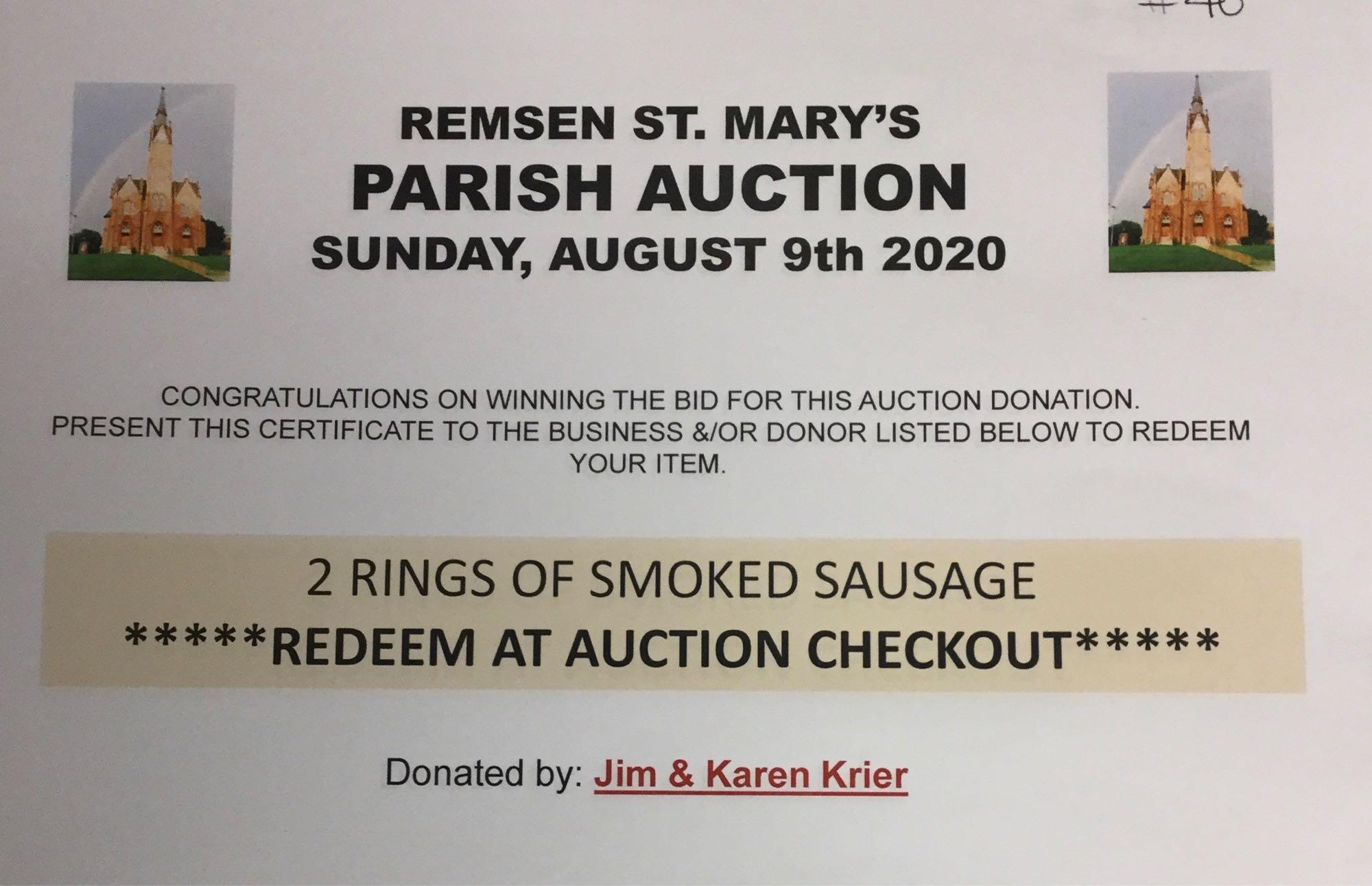 Package of smoked sausage, 2 rings each (Jim & Karen Krier)