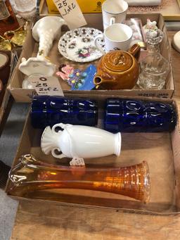 McCoy small brown teapot, Betsy Clark napkin rings, pearlized in gold cornucopia 22 karat vase,