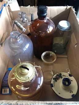 2 glass jugs with handles, large brown jar, kerosene lamp, Mexican candle holder, Mason Ball jar.