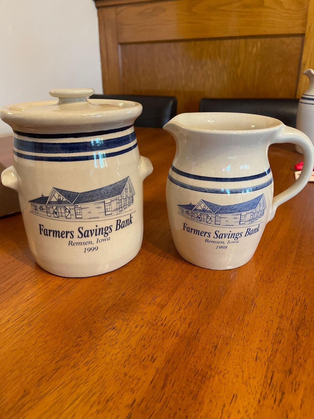 Farmers Savings Bank Crock...Pitcher and Crock with lid.... Shipping