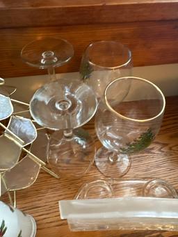 Glass christmas trees, 4 pc christmas bowl set, 4 thick glass paper weights, cups, saucers, glasses,