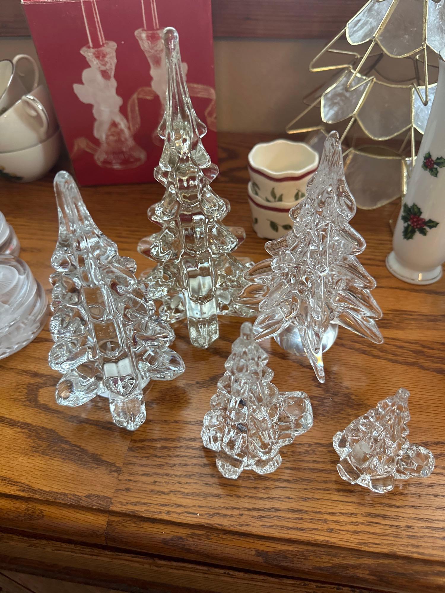 Glass christmas trees, 4 pc christmas bowl set, 4 thick glass paper weights, cups, saucers, glasses,