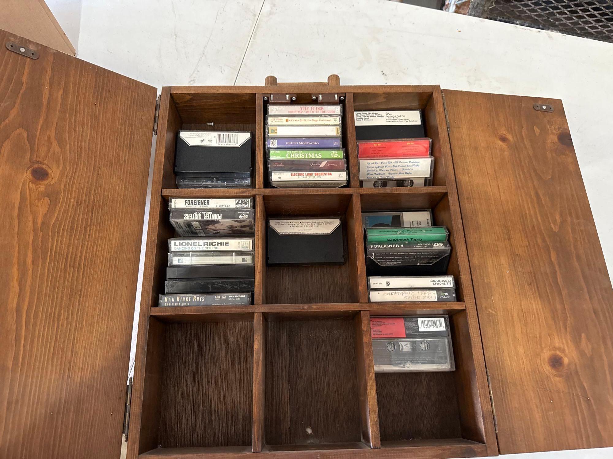 Cassette Tapes in Wooden Cabinet, Collectable Items, & more