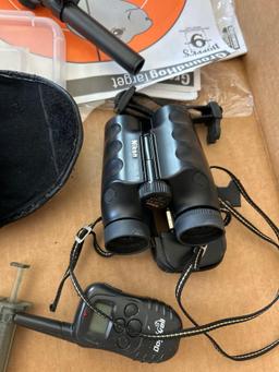 Misc. outdoor items paper targets, dog collar, binoculars, safety goggles, speed loader