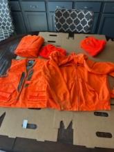 Blaze orange hunting vest, sweatshirt, hats
