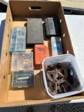 Assorted hardware, socket set, drill bits,