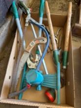 sprinkler, bucksaw, tree clipper, spray nozzle