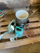 Egg basket, 5 gal bucket, watering cans