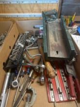 Metric 1/2'' socket set (12mm to 28mm), copper tubing cutter and flare tool, screwdrivers, miter box