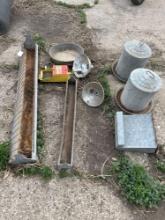 Assorted steel chicken feeders and waters, heat lamps, heated water bowl, Ritchie "Porker" water