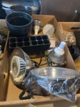 Assorted garden growing lights and pots