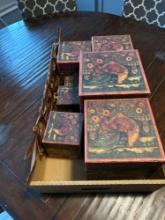 Decorative sign, assorted storage boxes