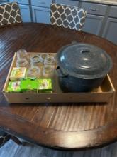 Enamel canner, assorted mason and ball jars, jar lifter
