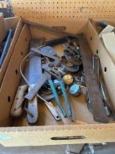 misc. tools, T square, corn knife, padlocks, torch strikers, C clamps, pipe wrenches, padlocks,