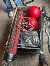 Golf clubs, toy soldiers, weighted medicine balls, basketball hoop