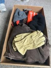 Assorted hats and gloves, Saunders neck adjuster, etc
