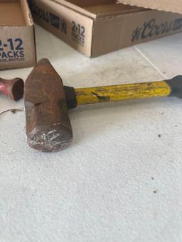 Large fiberglass handle hammer, ball peen, hammer, pipe wrenches.