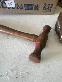 Large fiberglass handle hammer, ball peen, hammer, pipe wrenches.