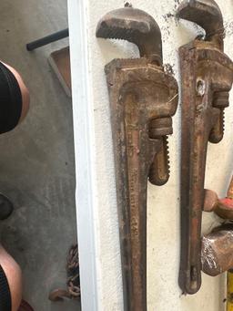 Large fiberglass handle hammer, ball peen, hammer, pipe wrenches.