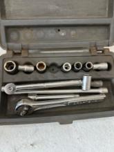Partial socket set, Hex keys, hatchet, Crescent, wrenches, etc.