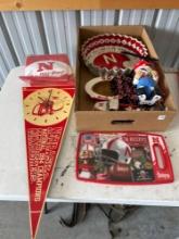 Nebraska Huskers merchandise, flag clock, shot glasses, plates, flags, etc Shipping